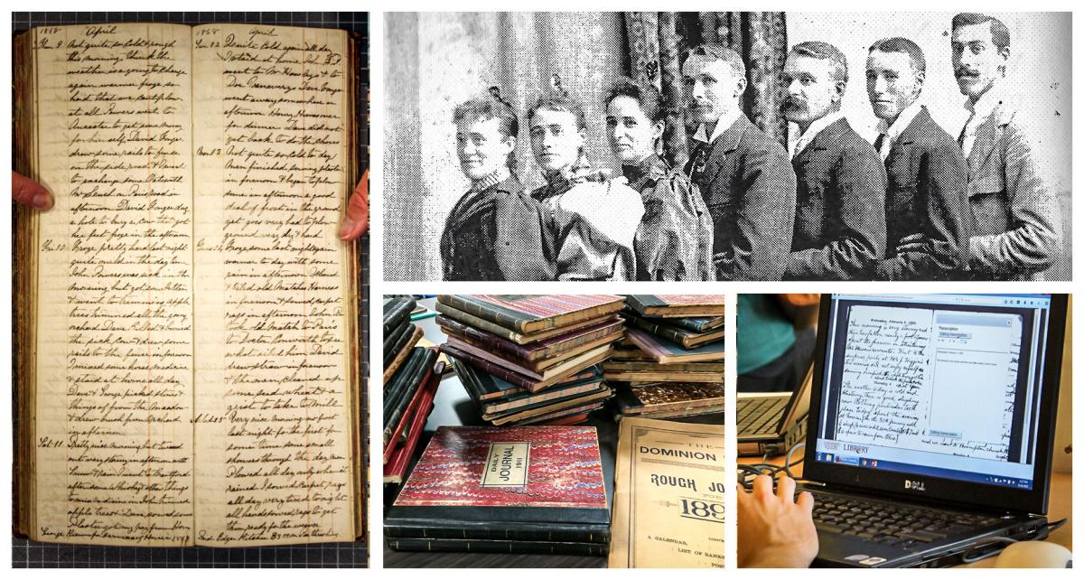 A) Samson Howell Diary, 1868, Howell Family Fonds, Archival and Special Collections B) Diarist Roseltha Goble’s children. Goble Family Fonds, Archival and Special Collections. C) Philp Family Diaries, 1888–1937, Archival and Special Collections D) Transcribing in the text box.