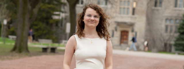 Grace Nelson, 2026 graduate of the Culture and Technology Studies and History programs in the College of Arts at the University of Guelph, on the U of G campus 